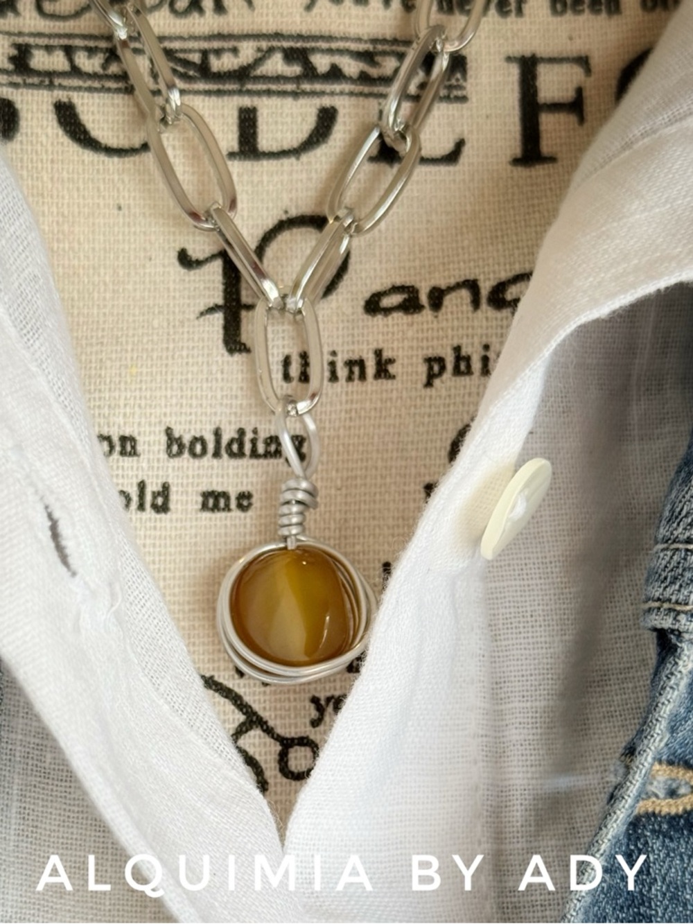Silver Chain Necklace with Amber CARNELIAN Brown Pendant - Picture 2 of 4